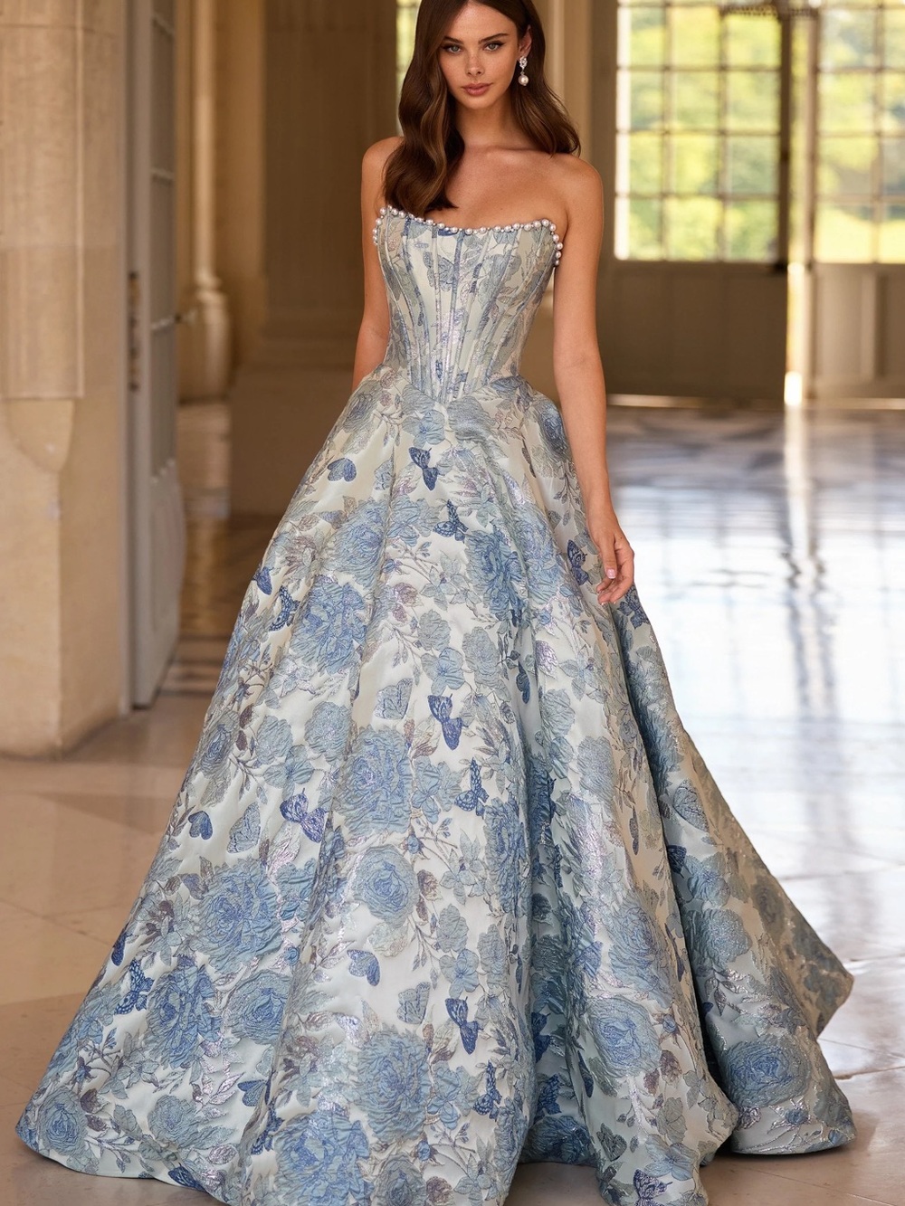Strapless Ball Gown Dress in Dusty Pink Floral